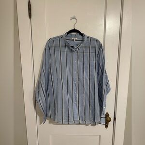 Reiss Sheer Striped Button Down Ruffle Neckline Shirt